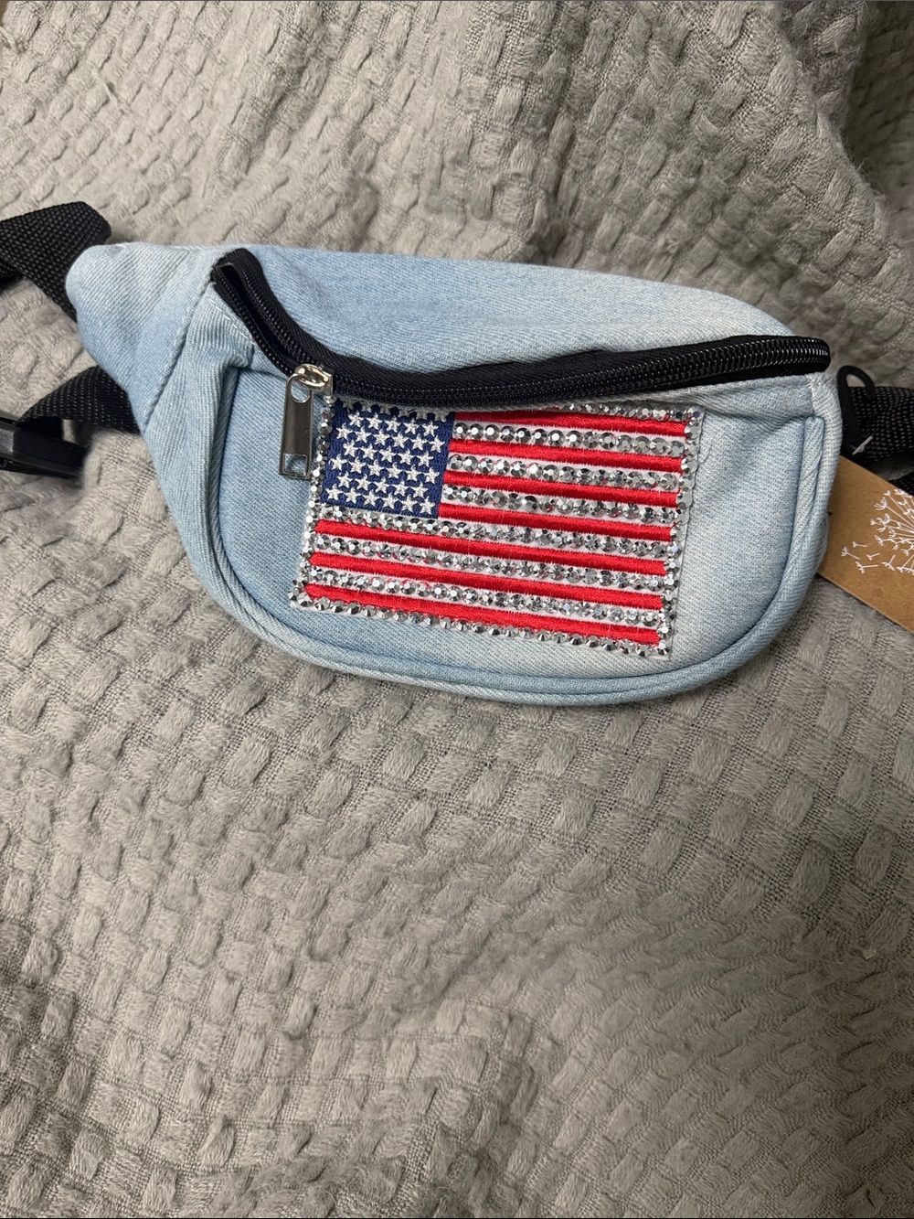 Light Blue Denim Men’s Crossbody / Waist Bag with American Flag Accent